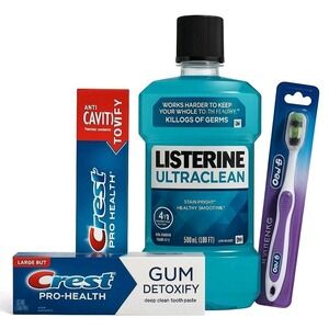 Lot of 6 Oral Care Kit Listerine Cool Mint Crest Pro-Health + Oral-B Brushes